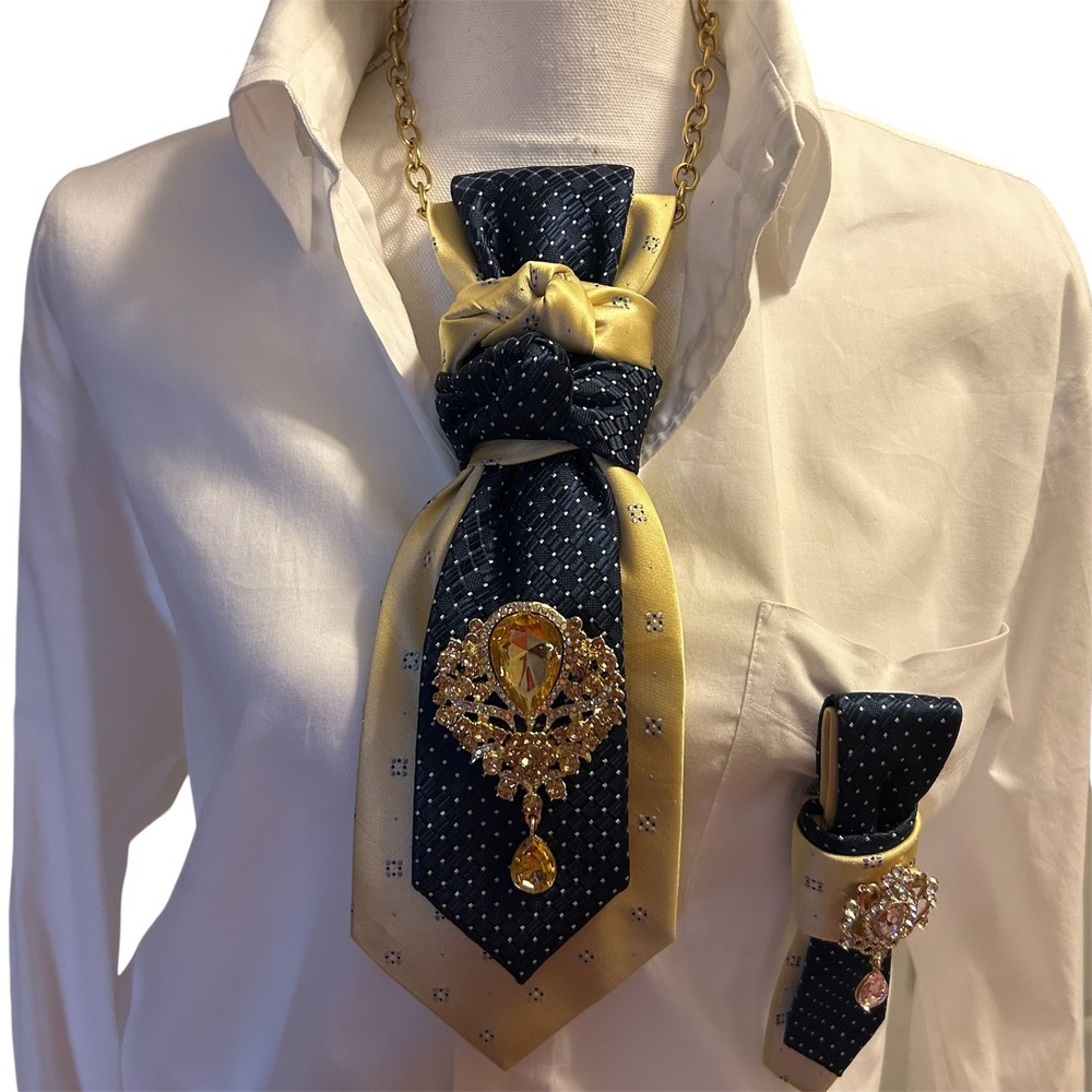 Upcycled Silk Tie Statement Necklace & Lapel Pin Set Navy Gold Izod Perry Ellis - Picture 9 of 10